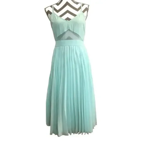 Women's ASOS Mint Green Pleated Chiffon Midi Dress Size 8 Open Back Sheer  Mid